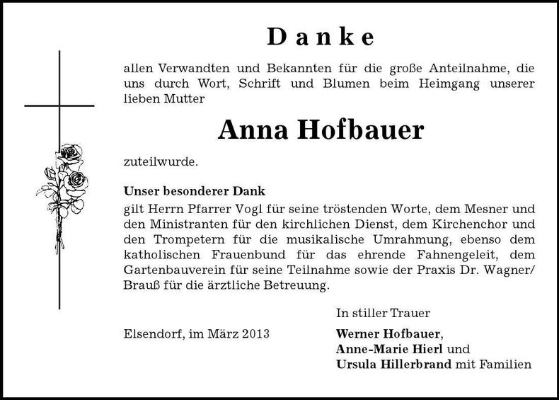 Traueranzeige Anna Hofbauer