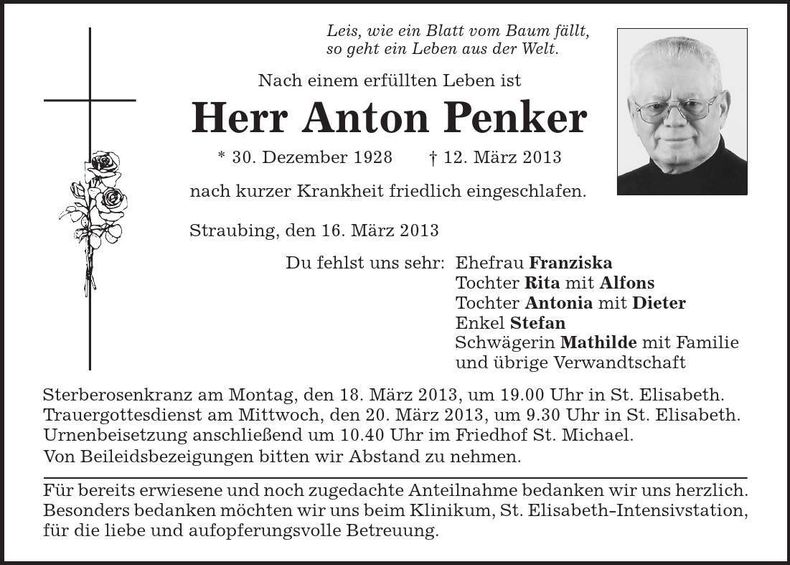 Traueranzeige Anton Penker