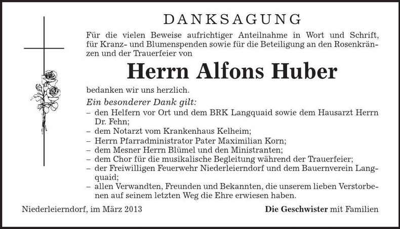 Traueranzeige Alfons Huber