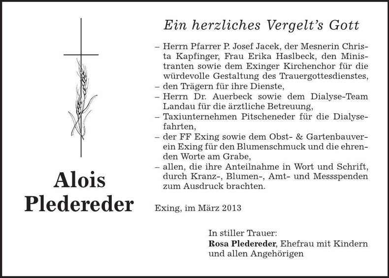 Traueranzeige Alois Pledereder