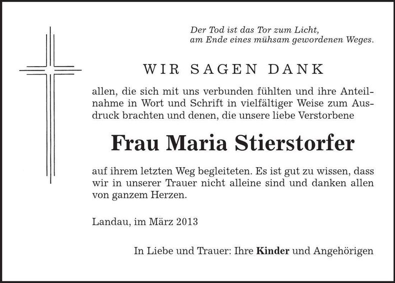 Traueranzeige Maria Stierstorfer