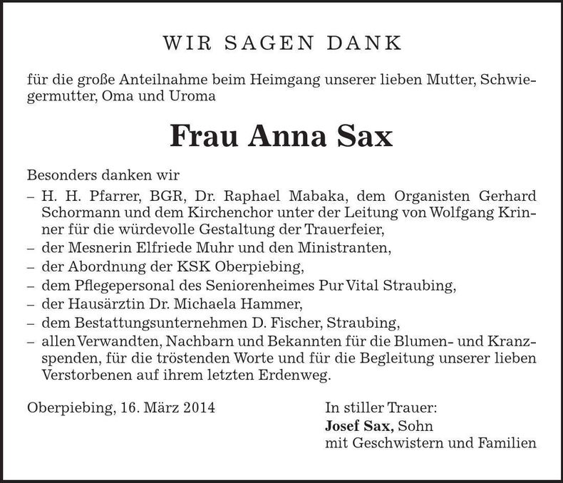 Traueranzeige Anna Sax