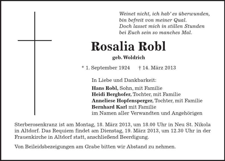 Traueranzeige Rosalia Robl