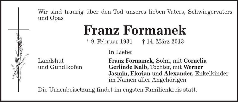 Traueranzeige Franz Formanek