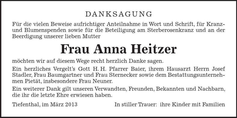 Traueranzeige Anna Heitzer