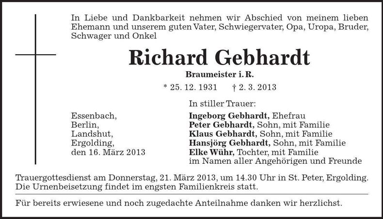 Traueranzeige Richard Gebhardt