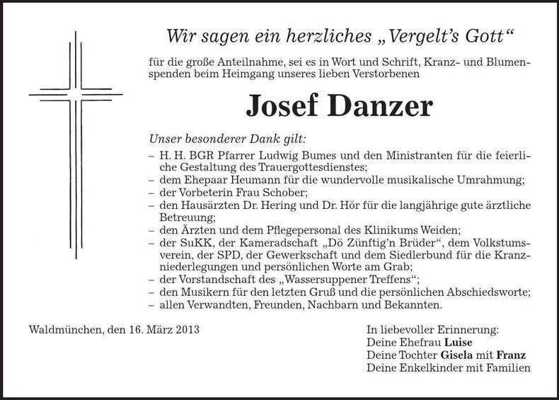 Traueranzeige Josef Danzer