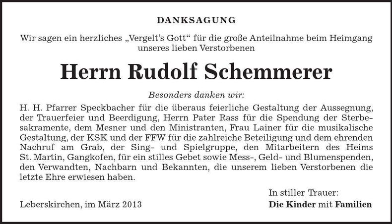 Traueranzeige Rudolf Schemmerer