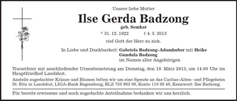Traueranzeige Ilse Gerda Badzong