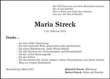 Traueranzeige Maria Streck