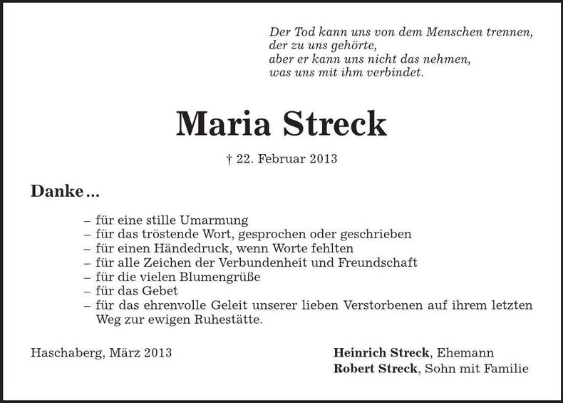Traueranzeige Maria Streck