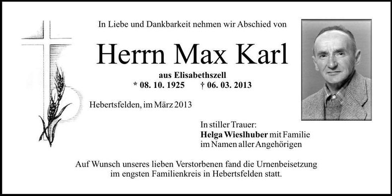 Traueranzeige Max Karl