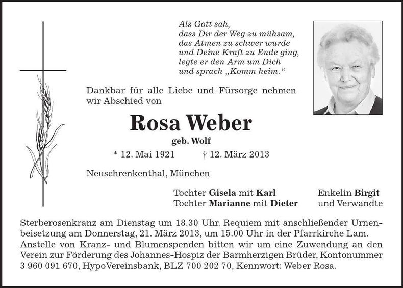 Traueranzeige Rosa Weber