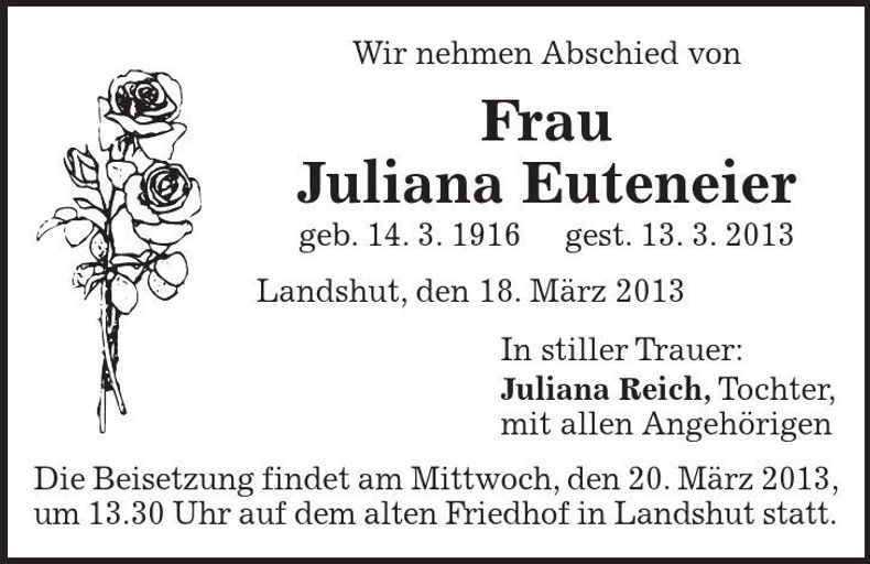 Traueranzeige Juliana Euteneier