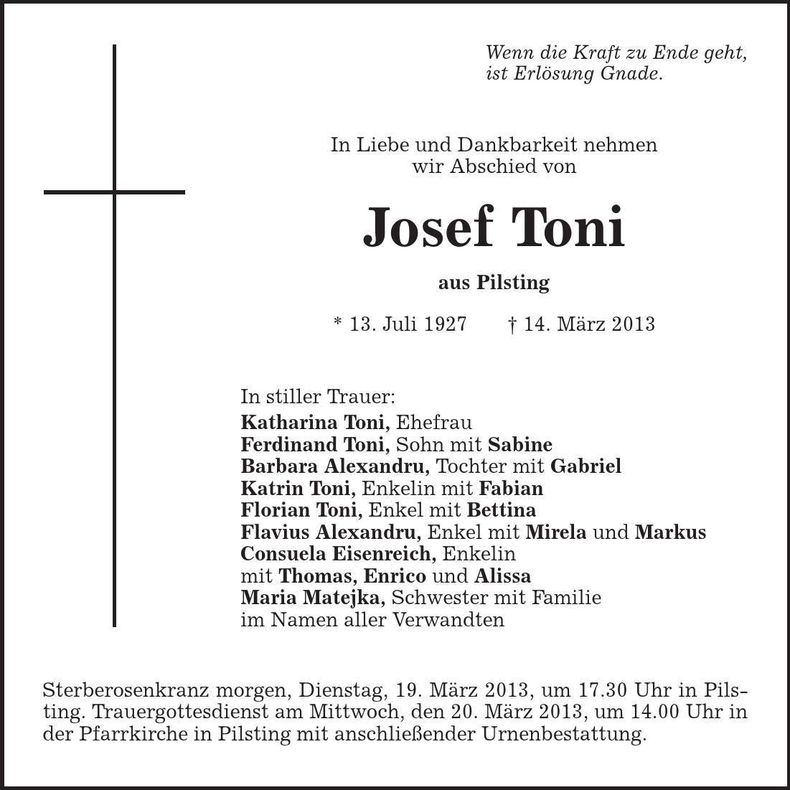 Traueranzeige Josef Toni