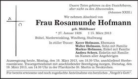 Traueranzeige Rosamunde Hofmann