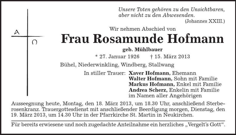 Traueranzeige Rosamunde Hofmann