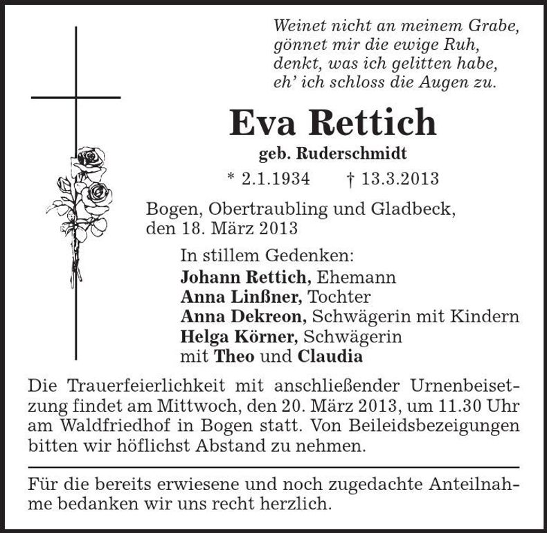 Traueranzeige Eva Rettich