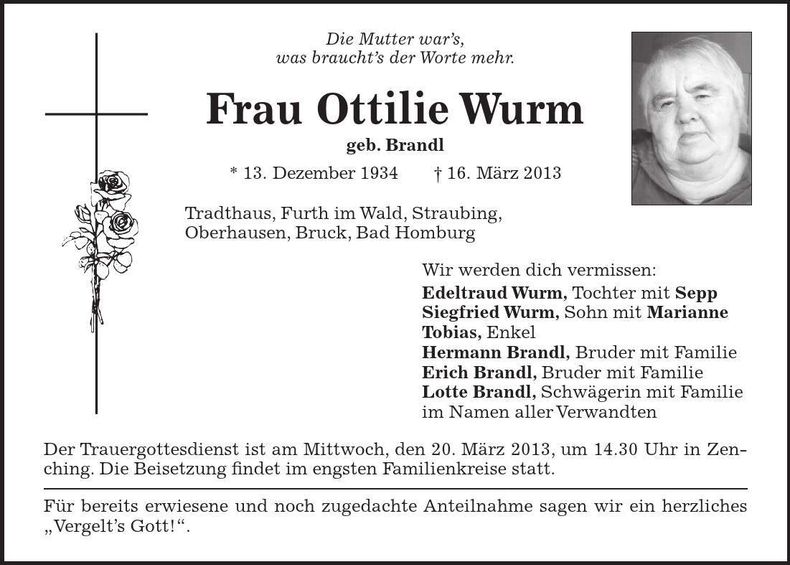 Traueranzeige Ottilie Wurm