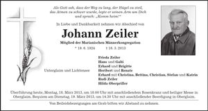 Traueranzeige Johann Zeiler