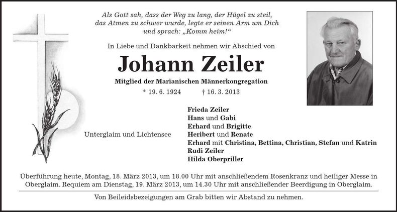 Traueranzeige Johann Zeiler