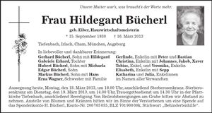 Traueranzeige Hildegard Bücherl