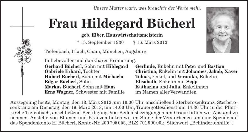 Traueranzeige Hildegard Bücherl