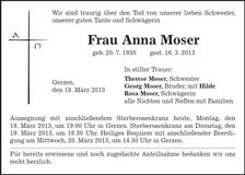 Traueranzeige Anna Moser