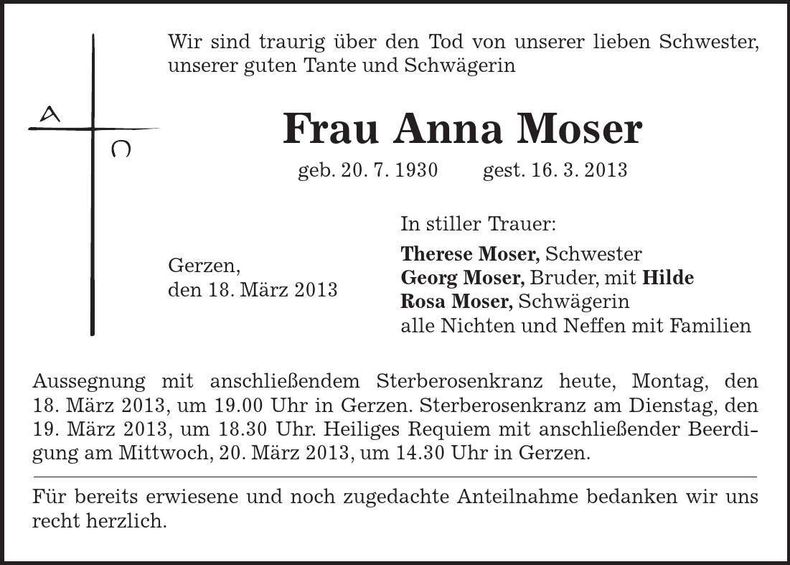 Traueranzeige Anna Moser