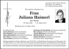 Traueranzeige Juliana Haimerl