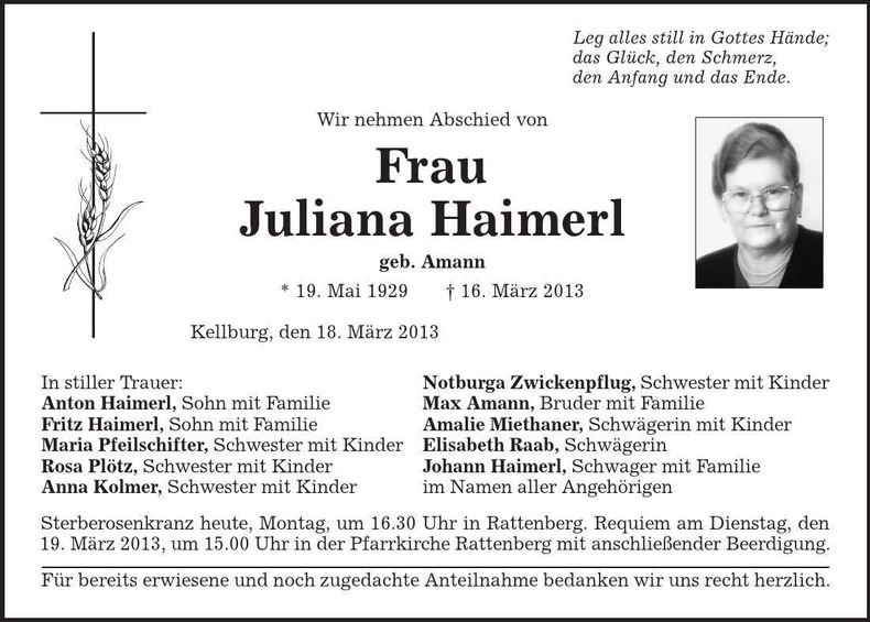 Traueranzeige Juliana Haimerl