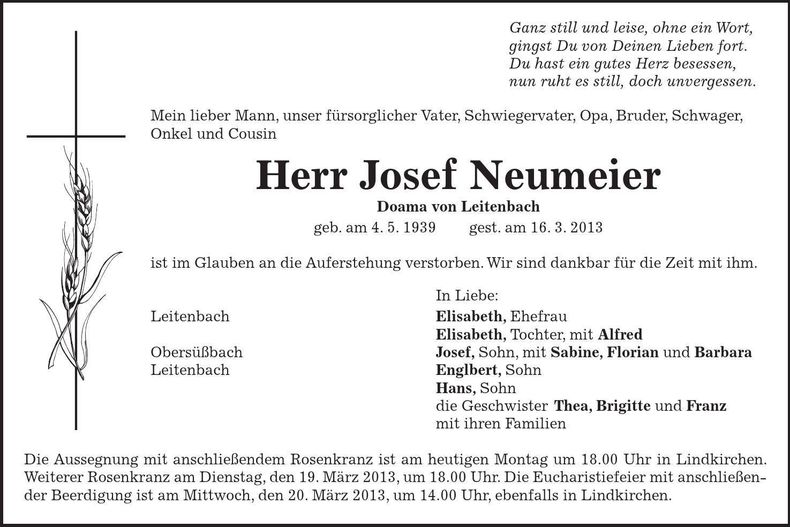 Traueranzeige Josef Neumeier