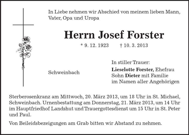 Traueranzeige Josef Forster