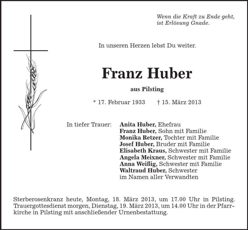 Traueranzeige Franz Huber