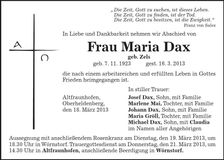 Traueranzeige Maria Dax