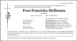 Traueranzeige Franziska Hoffmann