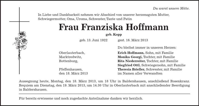 Traueranzeige Franziska Hoffmann