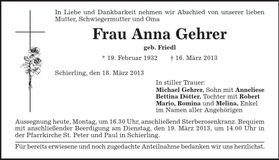 Traueranzeige Anna Gehrer
