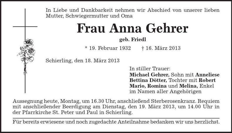 Traueranzeige Anna Gehrer