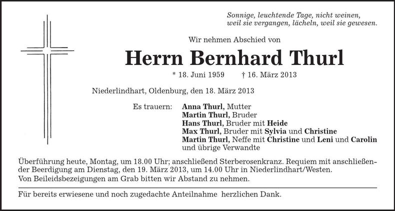 Traueranzeige Bernhard Thurl