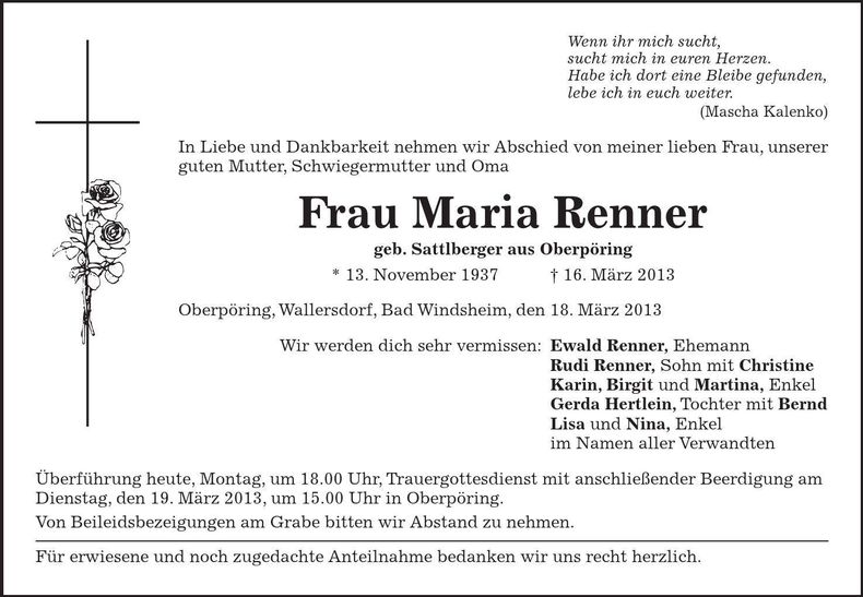 Traueranzeige Maria Renner