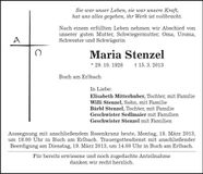 Traueranzeige Maria Stenzel