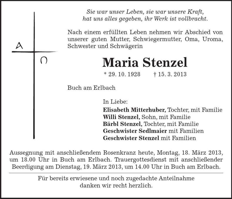 Traueranzeige Maria Stenzel