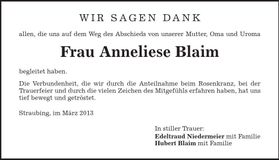 Traueranzeige Anneliese Blaim