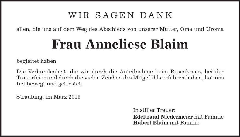 Traueranzeige Anneliese Blaim