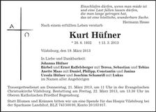 Traueranzeige Kurt Hüfner