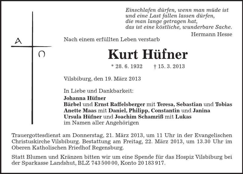 Traueranzeige Kurt Hüfner