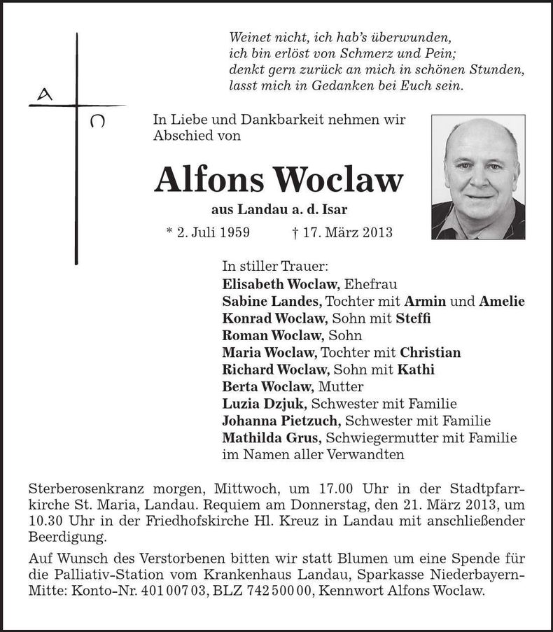 Traueranzeige Alfons Woclaw