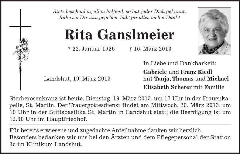 Traueranzeige Rita Ganslmeier