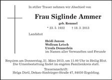 Traueranzeige Siglinde Ammer